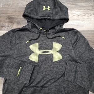 Under Armour UA Heather Gray Neon Green Mens M Logo Loose Fleece Storm Hoodie